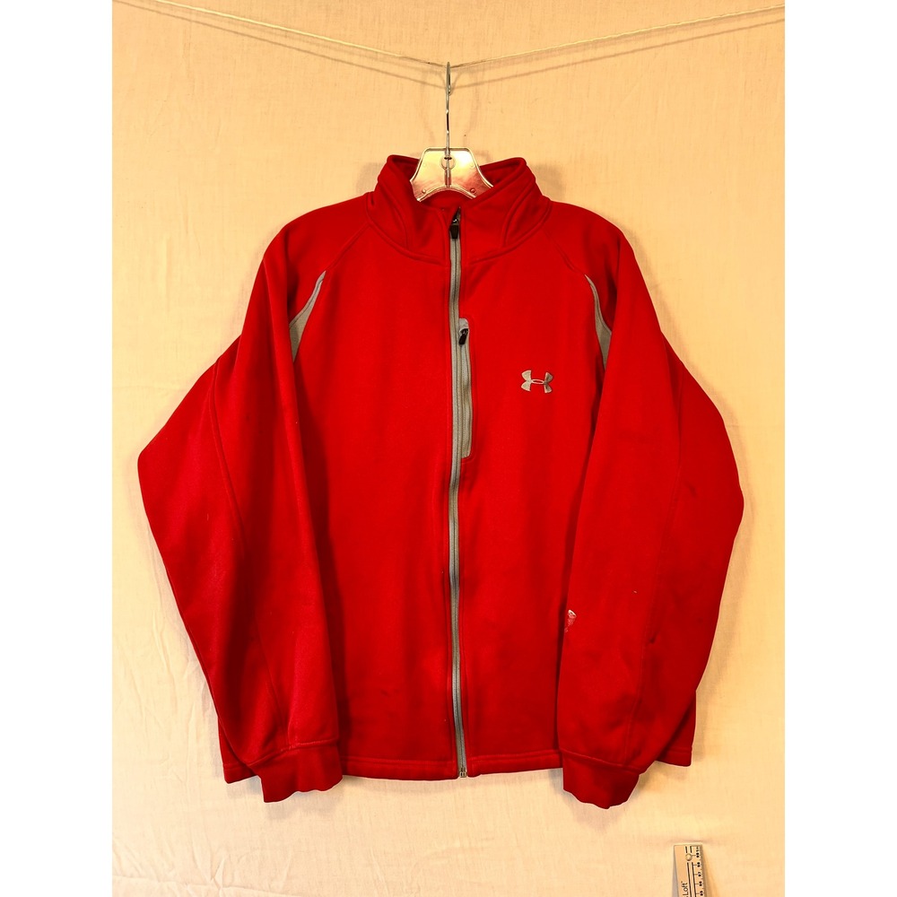 Under Armour Mens Red Gray Full Zip Fleece Track Jacket Loose Fit Large 3440